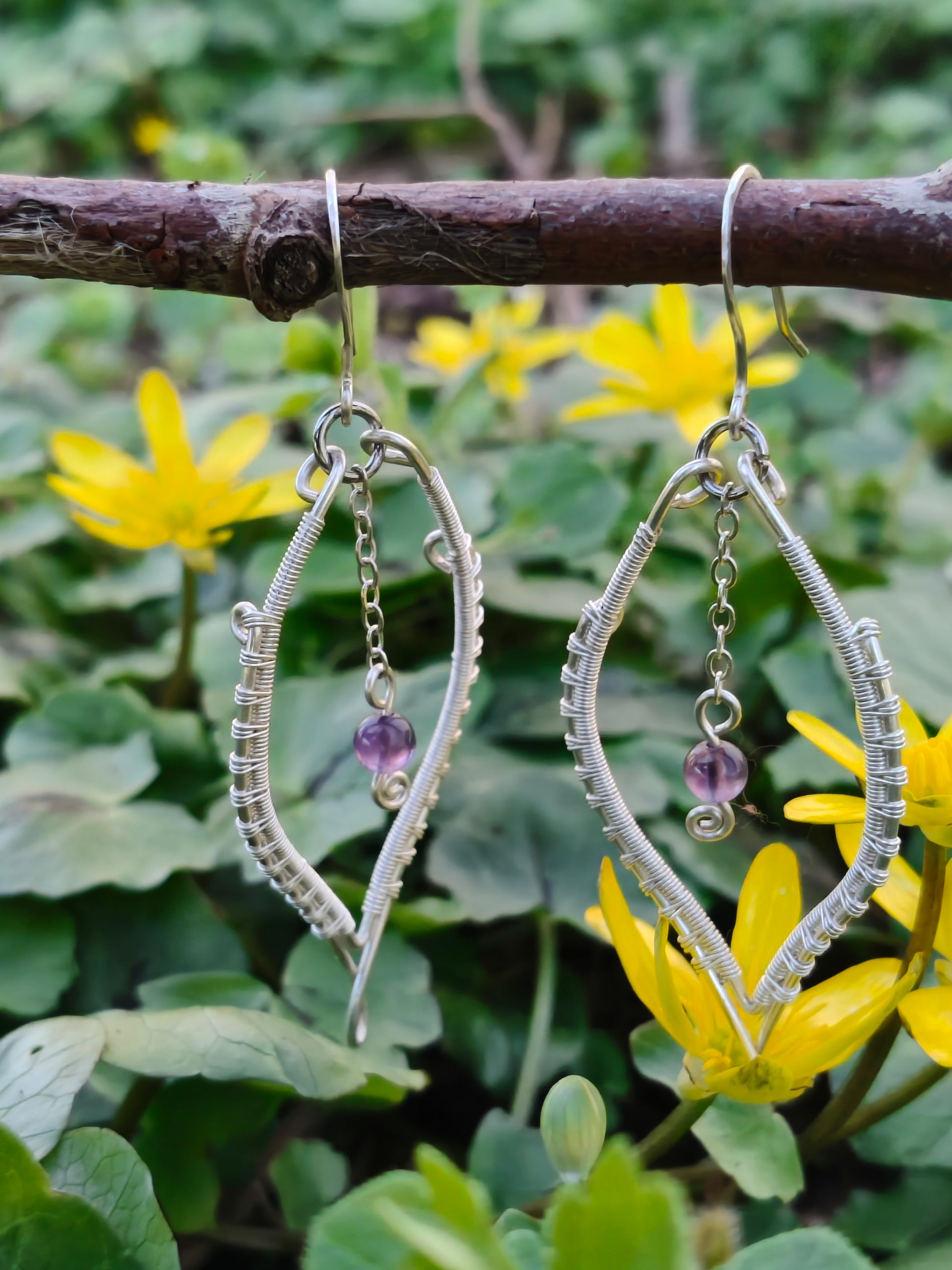 Amethyst Dangle Earrings in Silver Filled Wire handmade weaved artisan unique made with soul