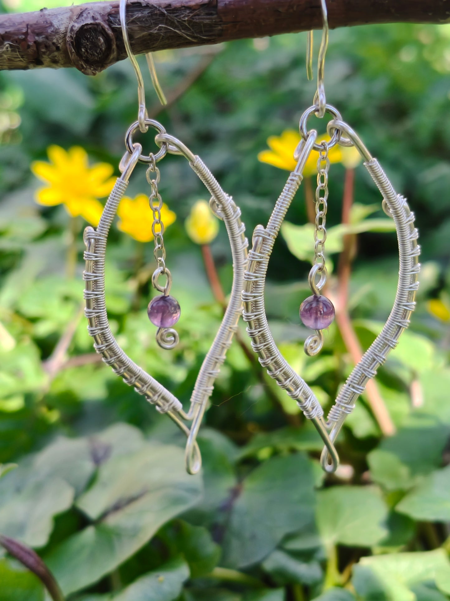 Amethyst Dangle Earrings in Silver Filled Wire artisan handcrafted handmade weaved drop