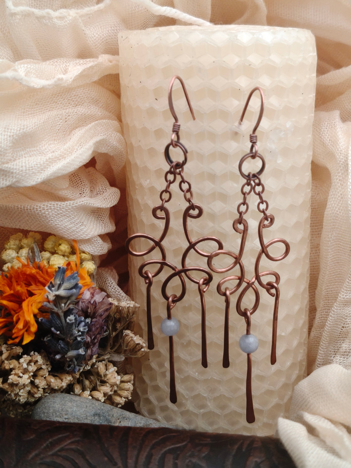 Aquamarine chandelier copper earrings handmade artisan