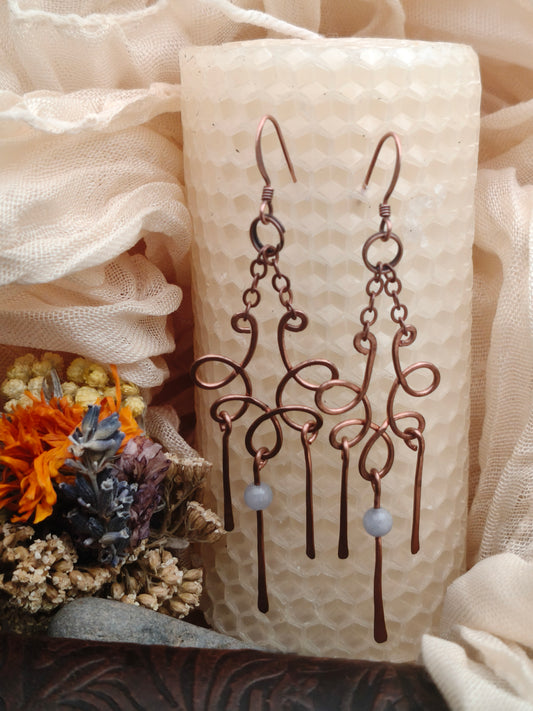 Aquamarine chandelier copper earrings handmade artisan