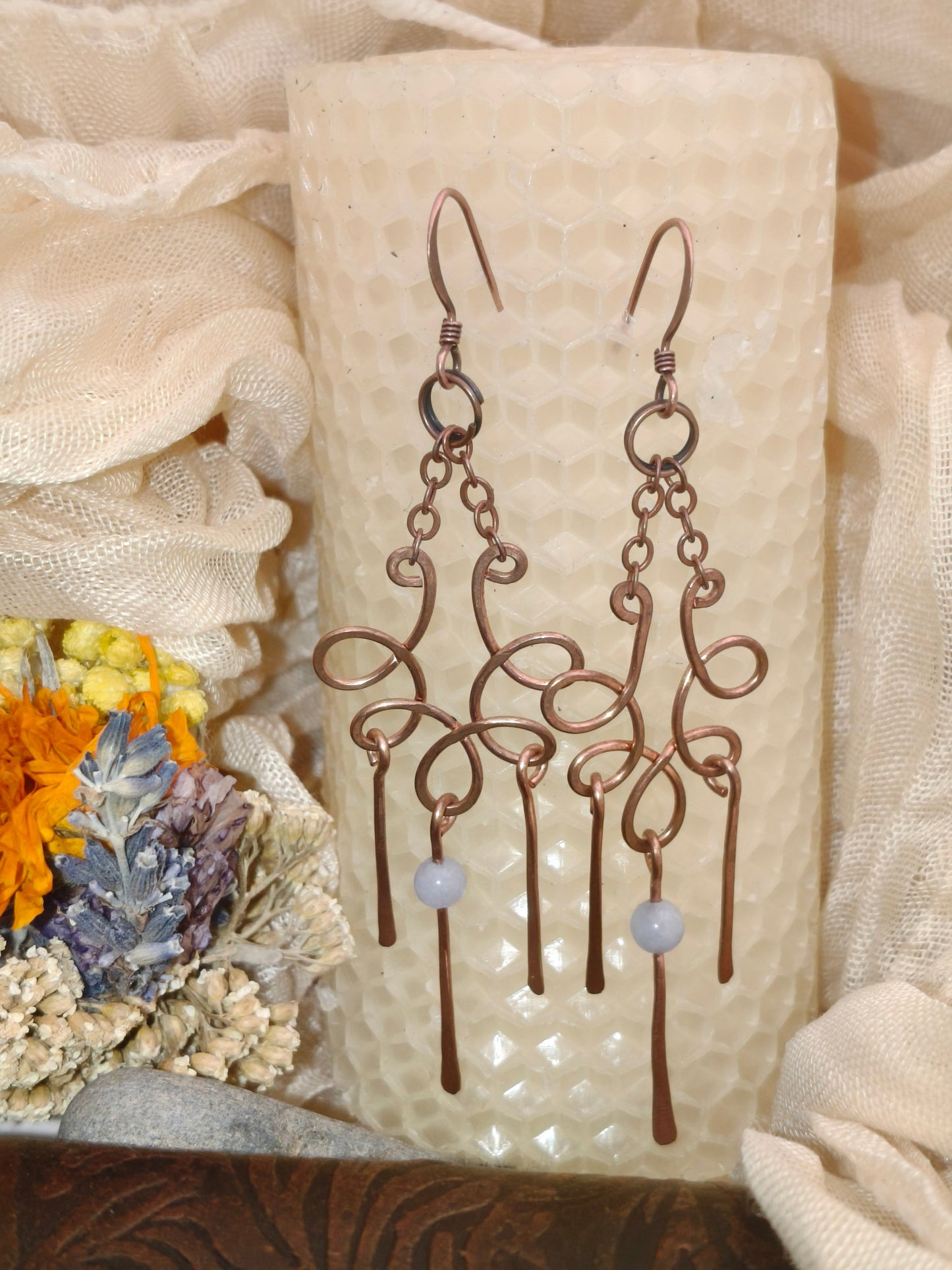 Aquamarine chandelier copper earrings handmade artisan