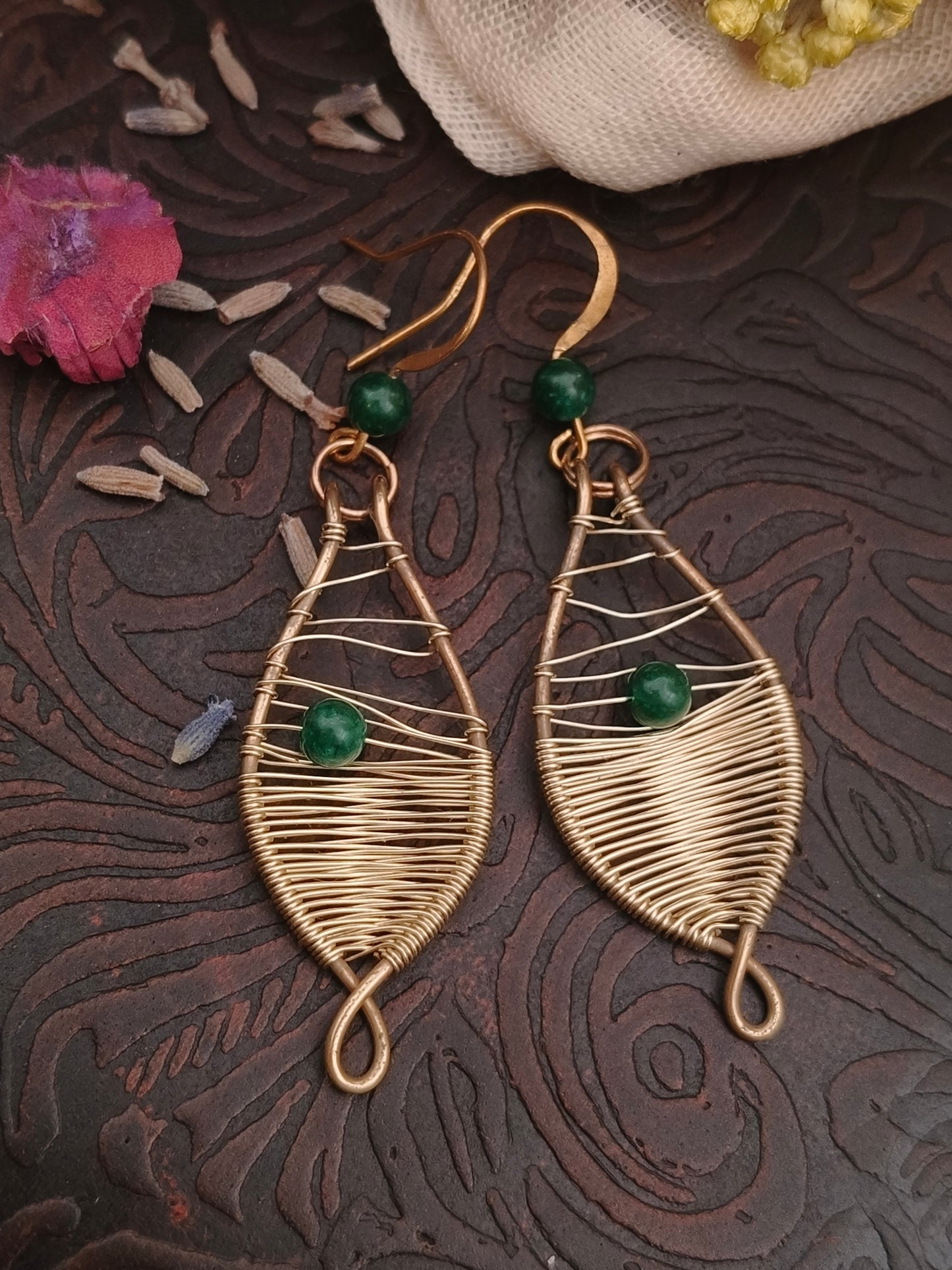 Aventurine Brass Earrings handmade artisan boho wire weaved 