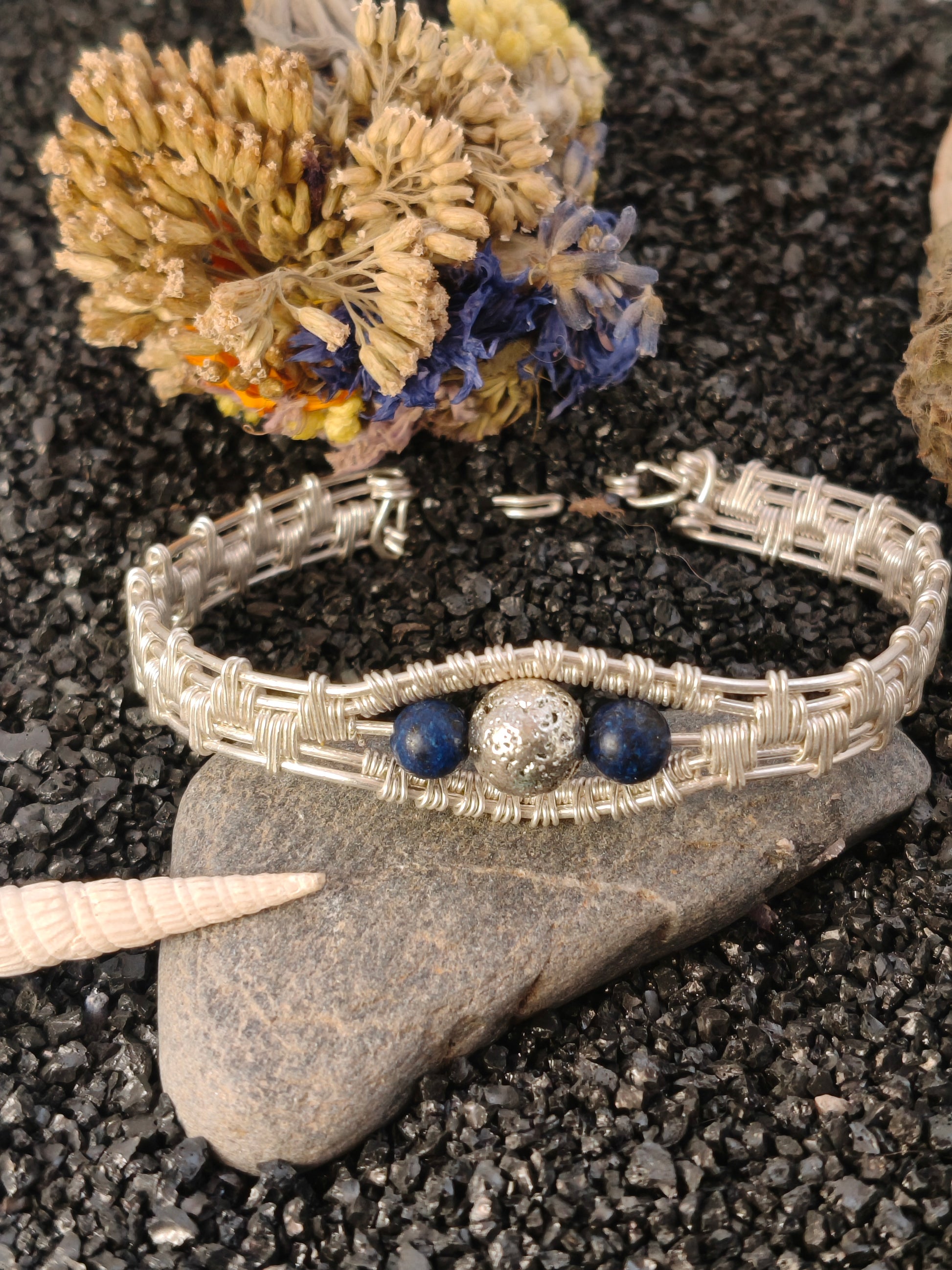Blue Sodalite Bracelet in Silver Filled Wire handmade weaved cuff