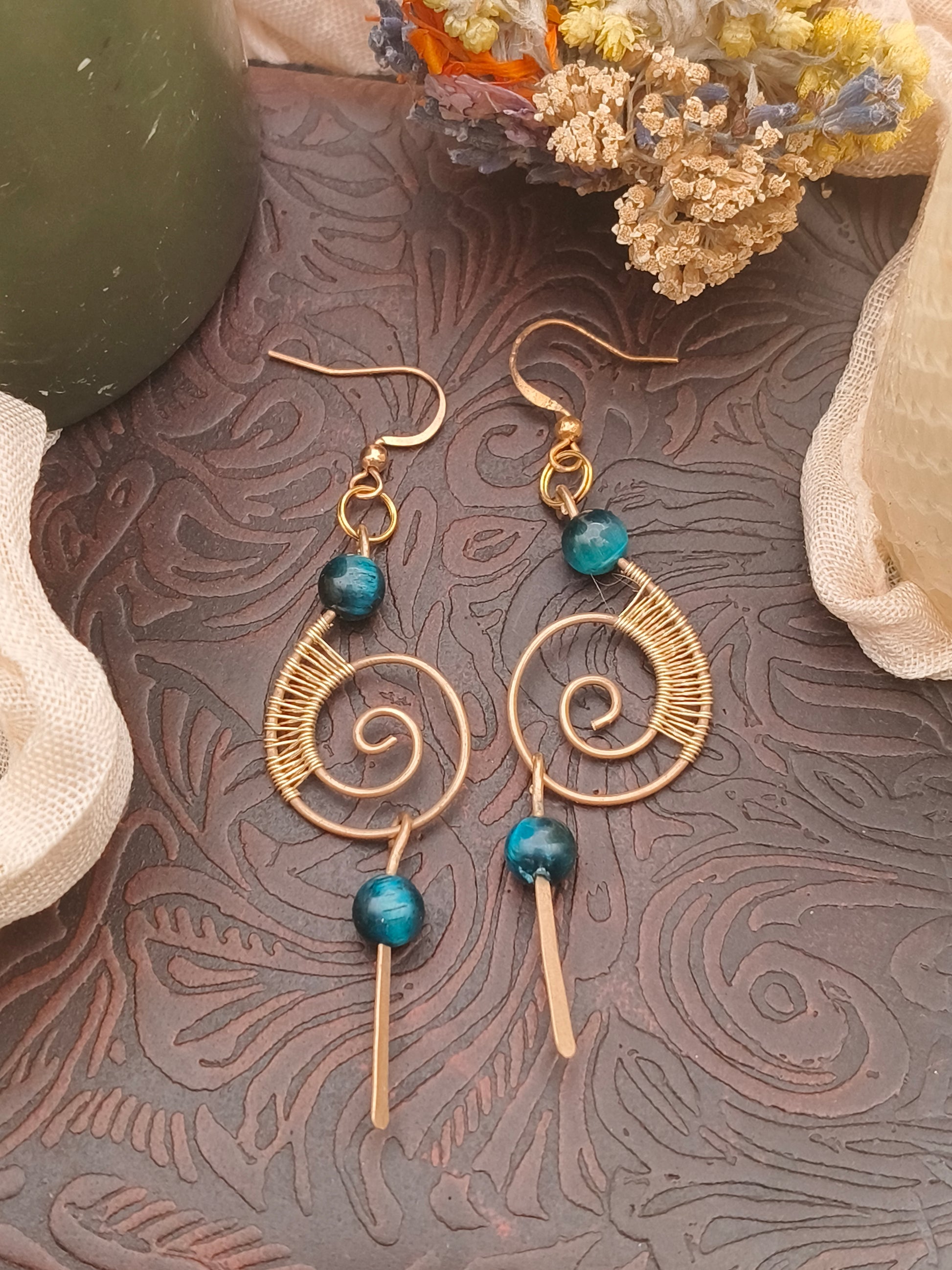 Blue Tiger Eye Spiral Earrings in Brass handmade artisan weaved with soul