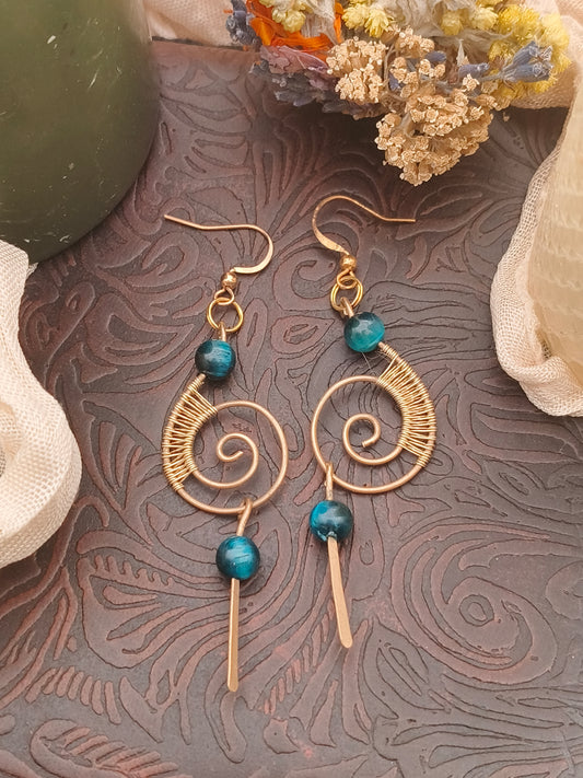 Blue Tiger Eye Spiral Earrings in Brass handmade artisan weaved with soul