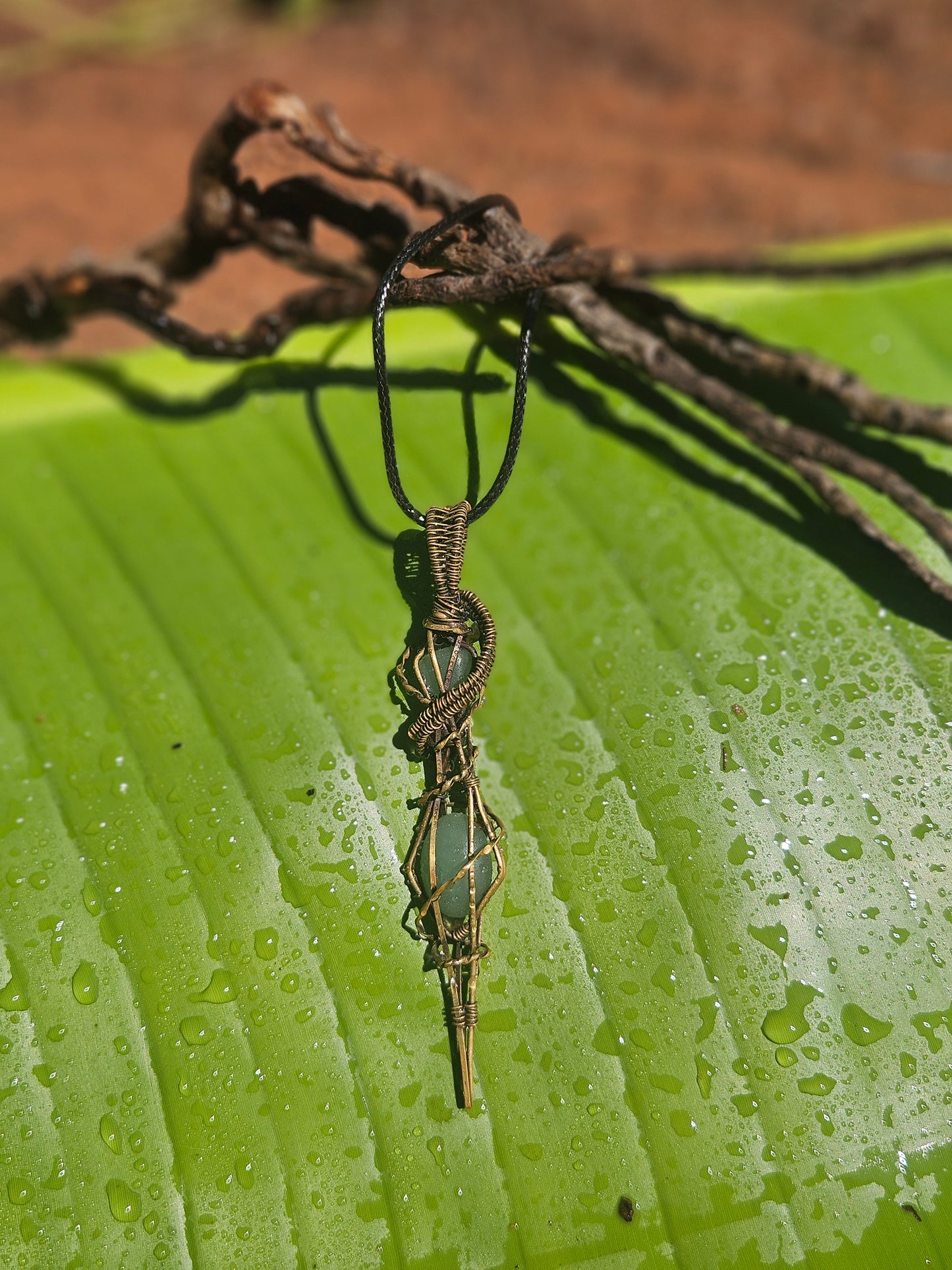 Brass gold aventurine talisman artisan jewelry wire weaved