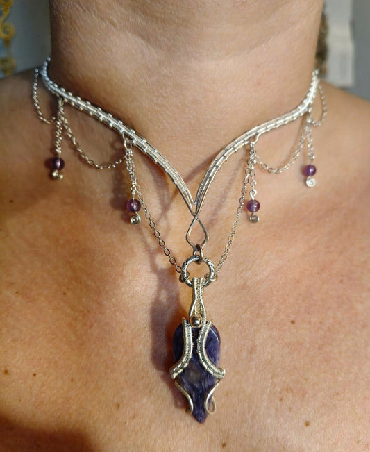 Charoite and Amethyst Necklace in Silver Filled Wire handmade ceremonial 
