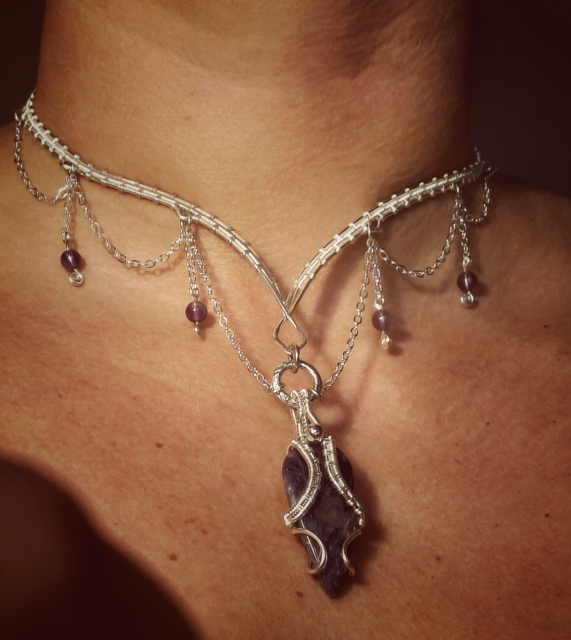 Charoite and Amethyst Necklace in Silver Filled Wire elegant chains handmade with soul
