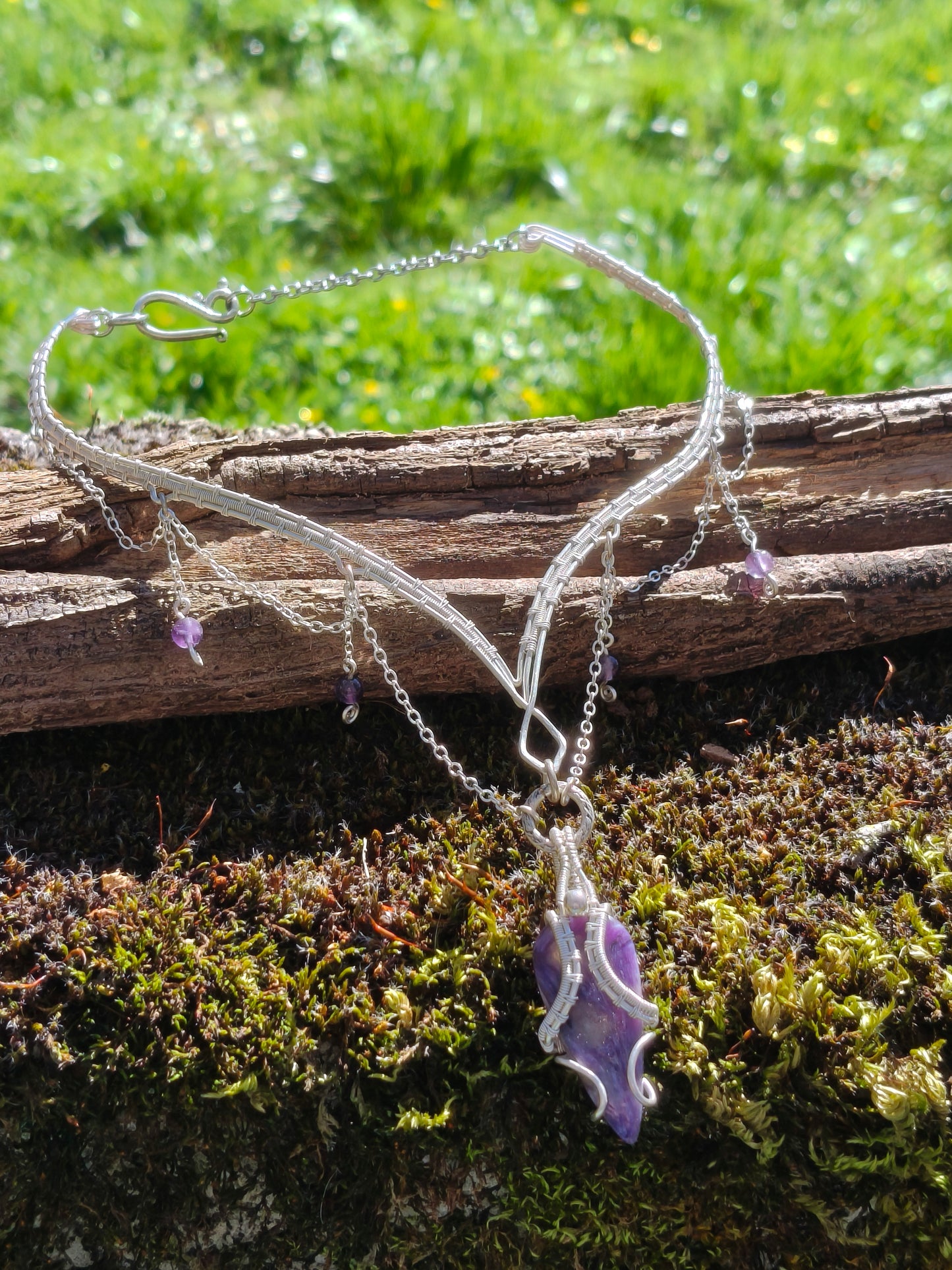 Charoite and Amethyst Necklace in Silver Filled Wire handmade witch eerie ceremony
