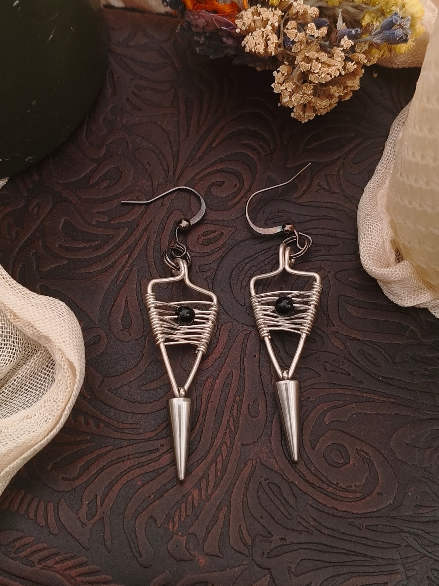Obsidian Spike Earrings in Silver Filled Wire handcrafted artisan unique 