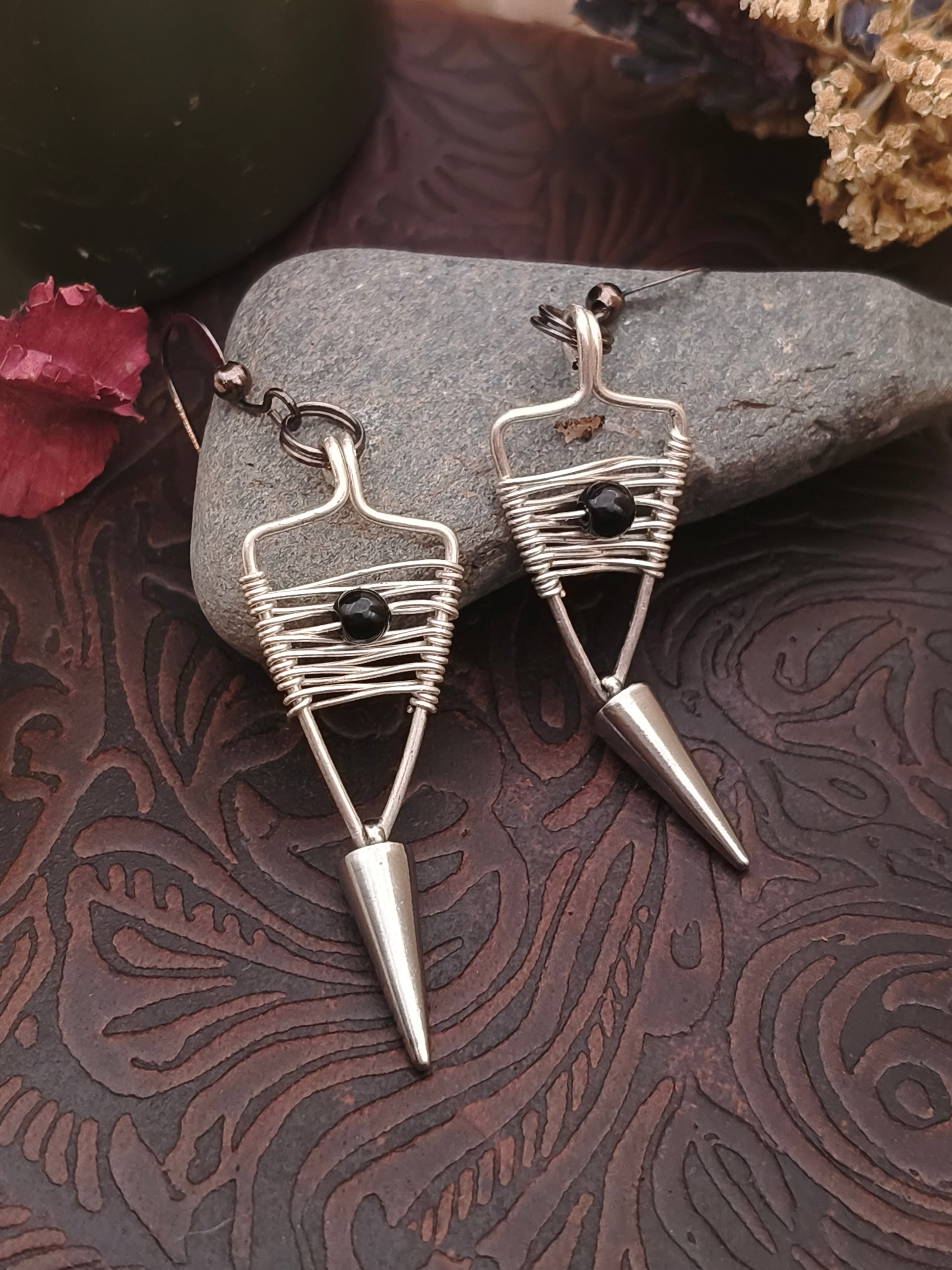 Obsidian Spike Earrings in Silver Filled Wire weaved handmade with soul 