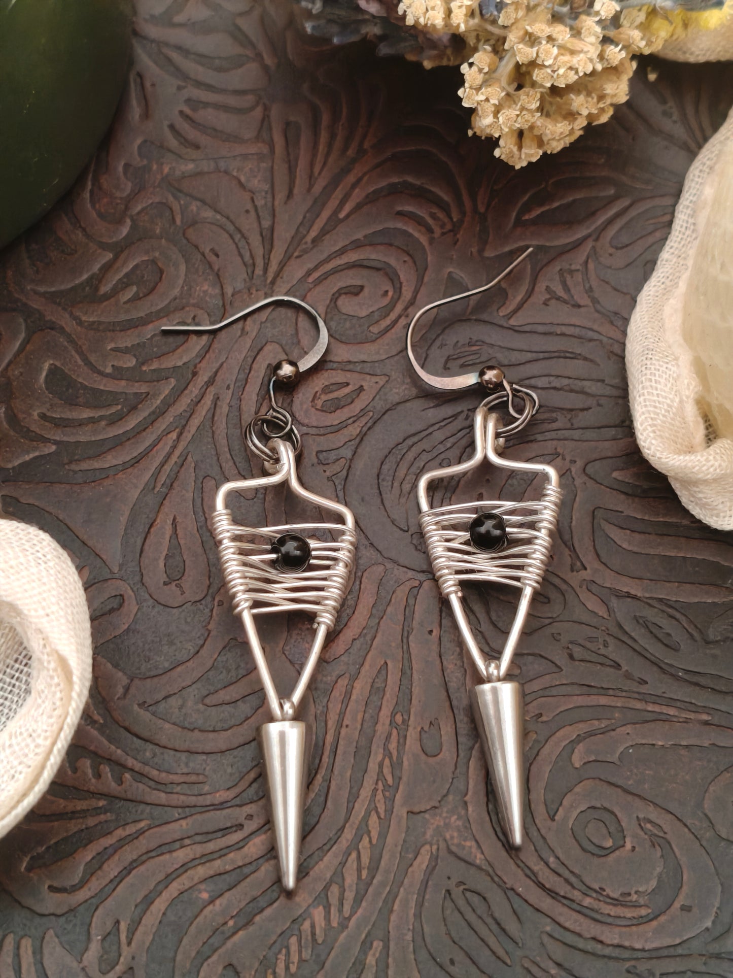 Obsidian Spike Earrings in Silver Filled Wire artisan handcrafted handmade unique weaved