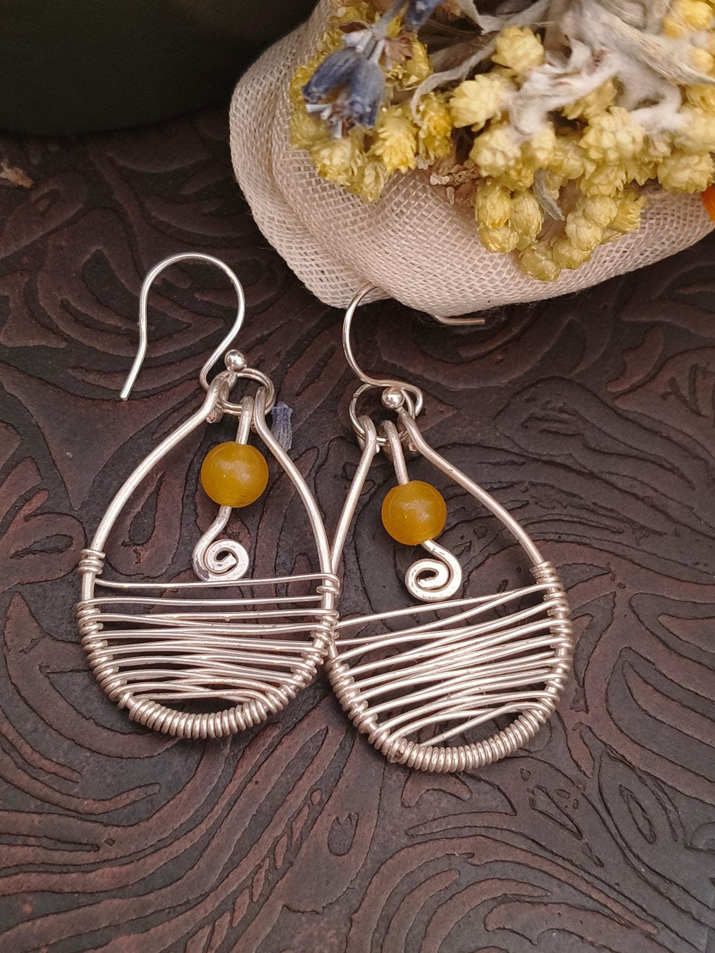 Yellow jade silver drop earrings dangle spiral wire weaved artisan boho jewelry