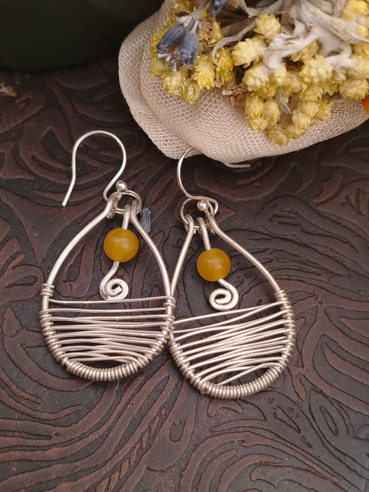 Yellow jade silver drop earrings dangle spiral wire weaved artisan boho jewelry