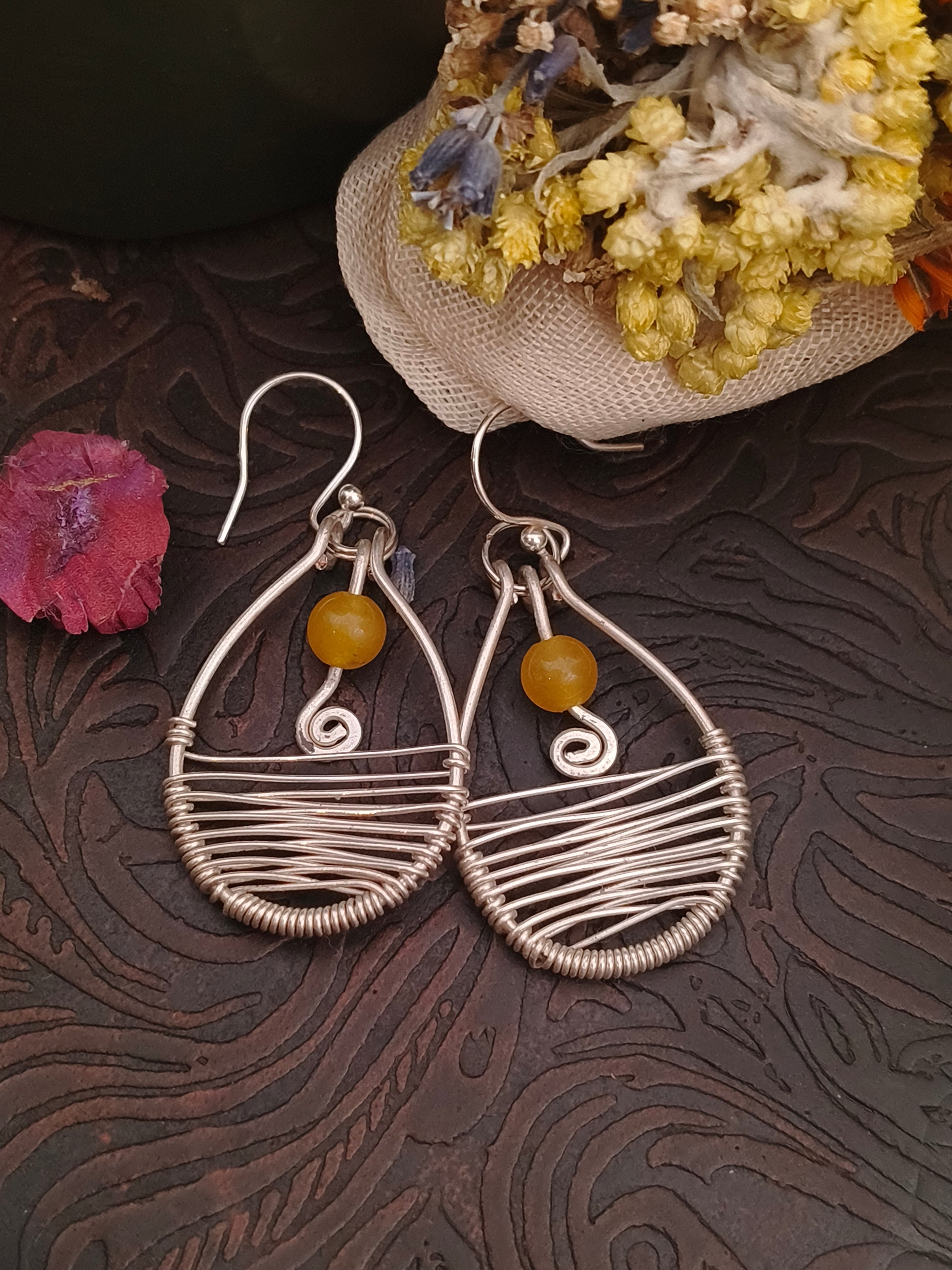 Yellow jade silver drop earrings dangle spiral wire weaved artisan boho jewelry
