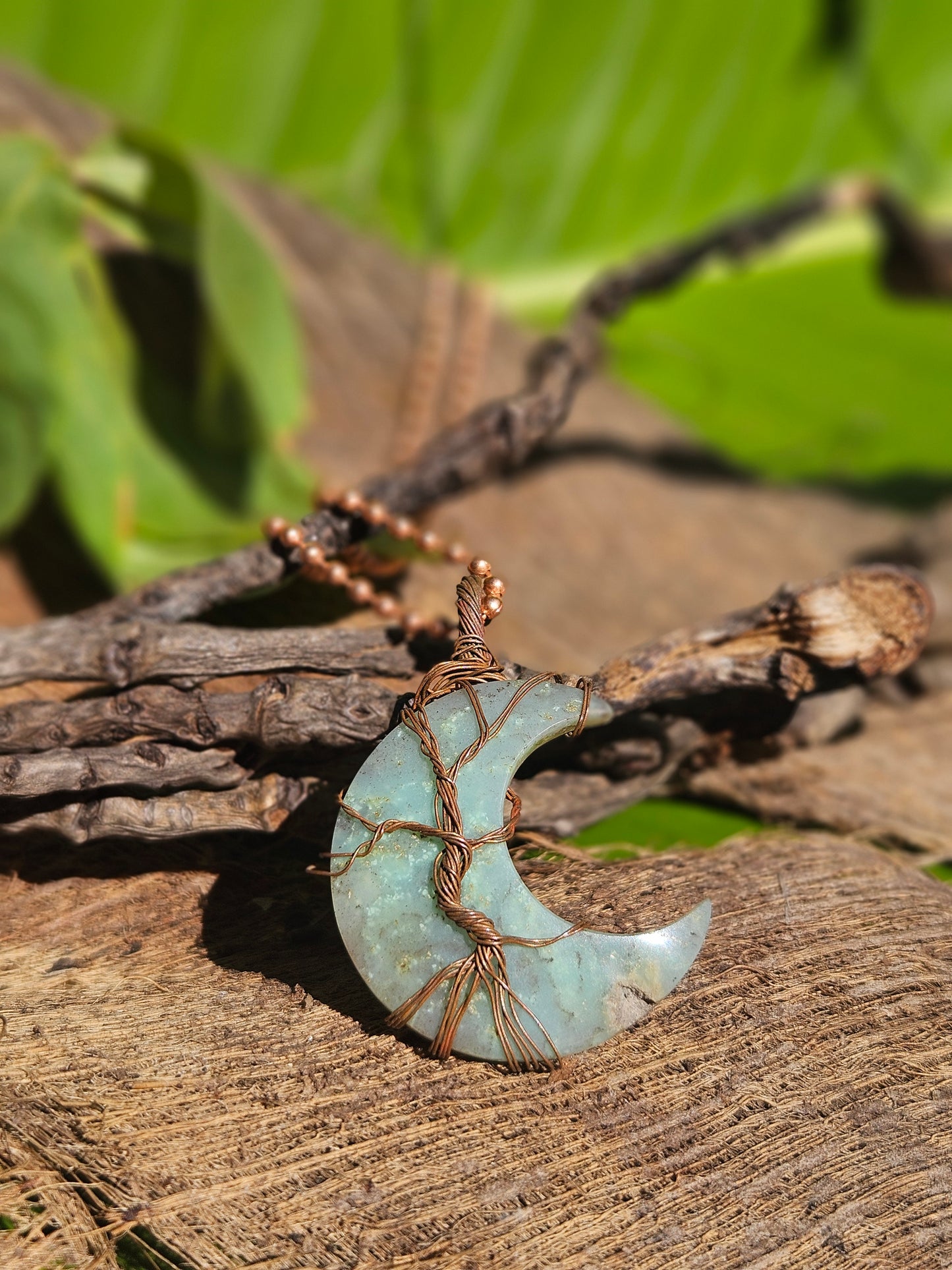 Lunar Grove Pendant – Chrysoprase Crescent & Copper Tree