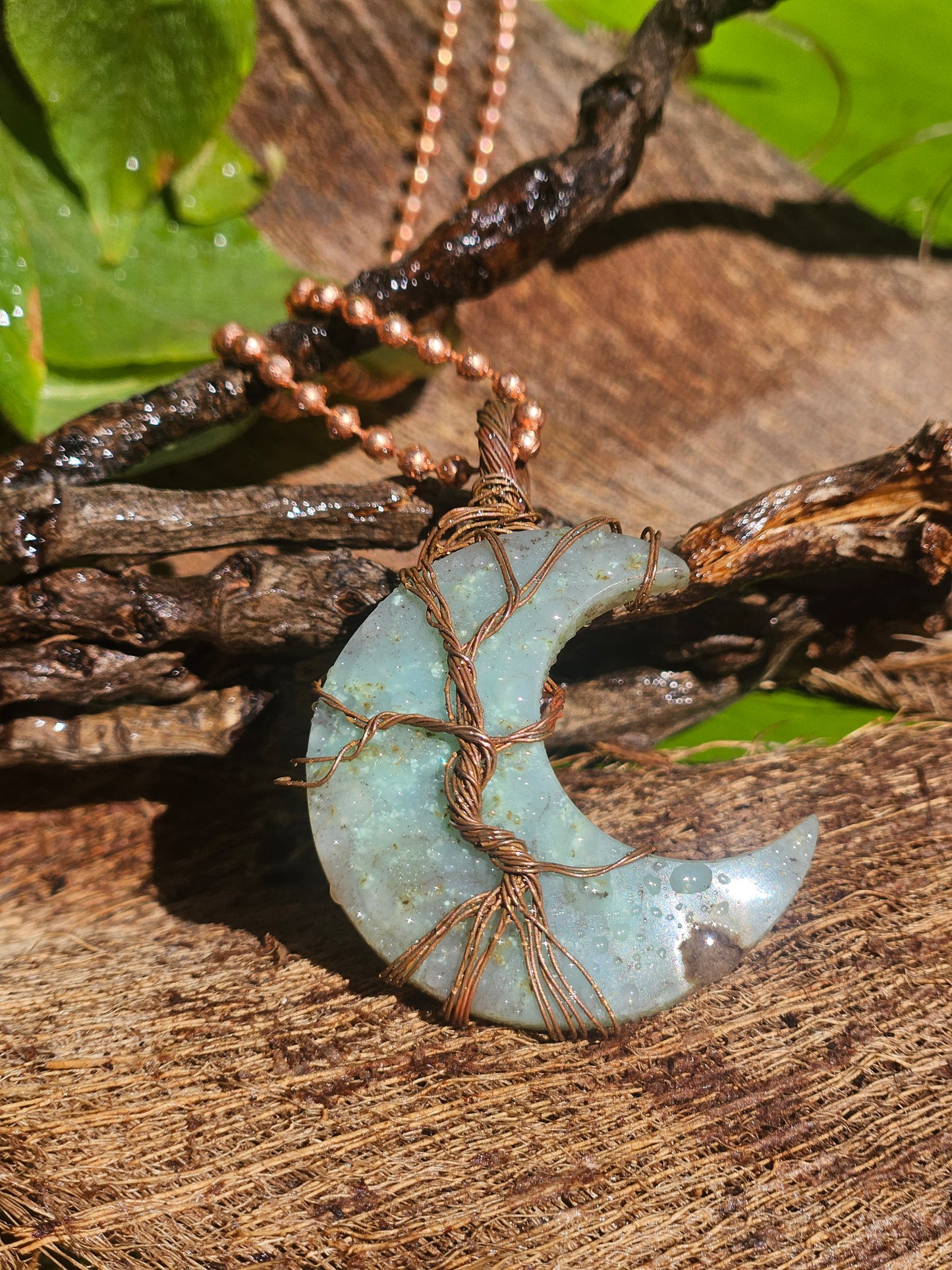 Lunar Grove Pendant – Chrysoprase Crescent & Copper Tree