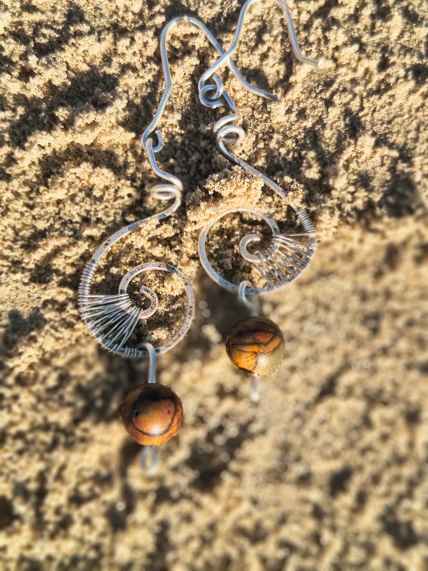 Spiral Mantra Earrings – Mala Beads & Silver-Filled Wire
