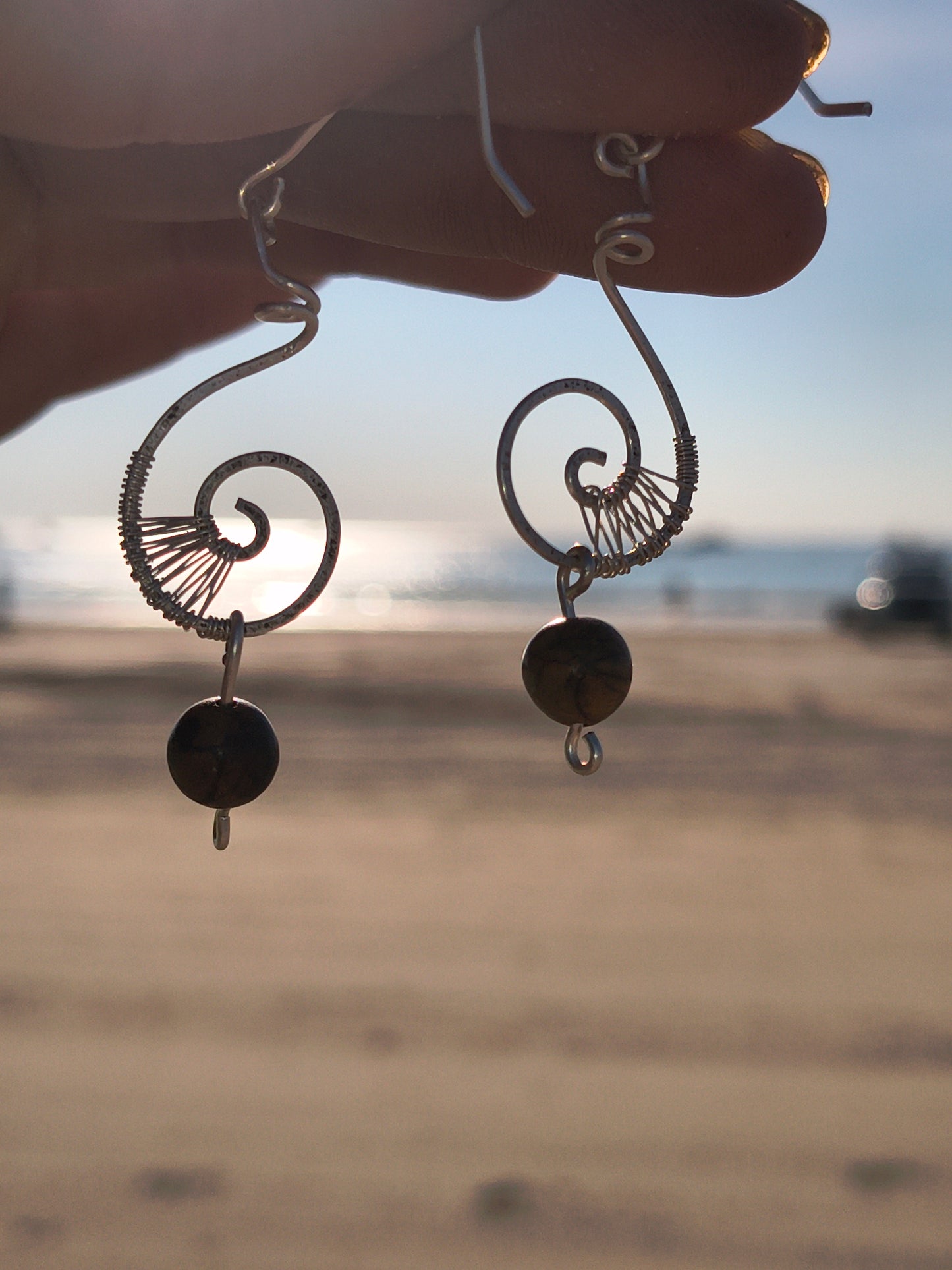 Spiral Mantra Earrings – Mala Beads & Silver-Filled Wire