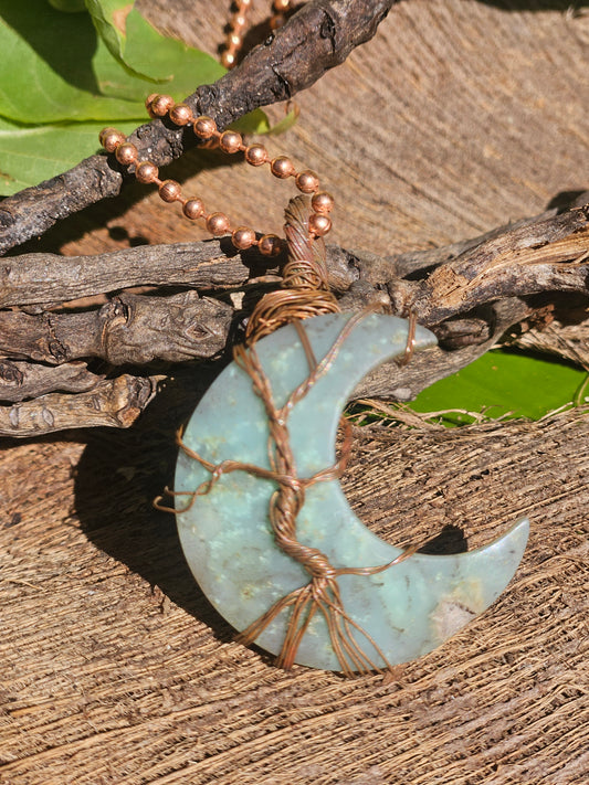 Lunar Grove Pendant – Chrysoprase Crescent & Copper Tree